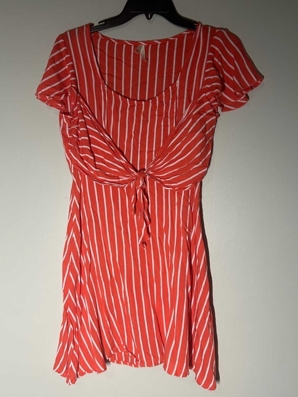 Striped Tie-Front Mini Dress in Coral Pink